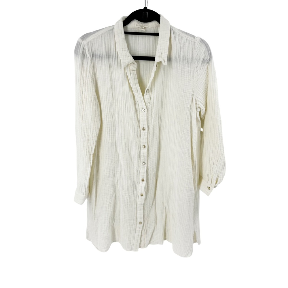 Eileen Fisher Petite Organic Cotton Gauze Button Front Tunic Shirt Off White PS